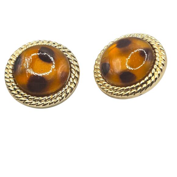 Vintage Animal Print Earrings Round Large Dome Chunky 80s Clip On Gold Tone - Picture 1 of 6